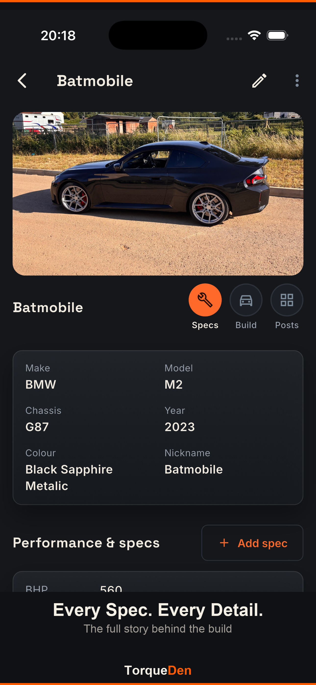 TorqueDen car specs screen