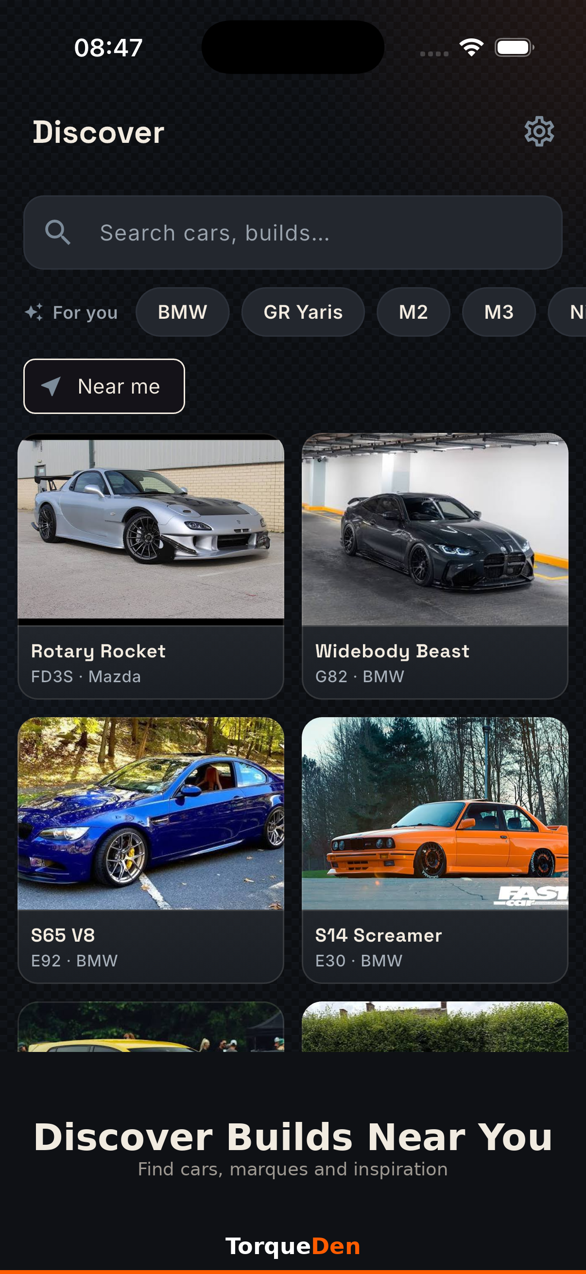 TorqueDen Discover tab with search and near me