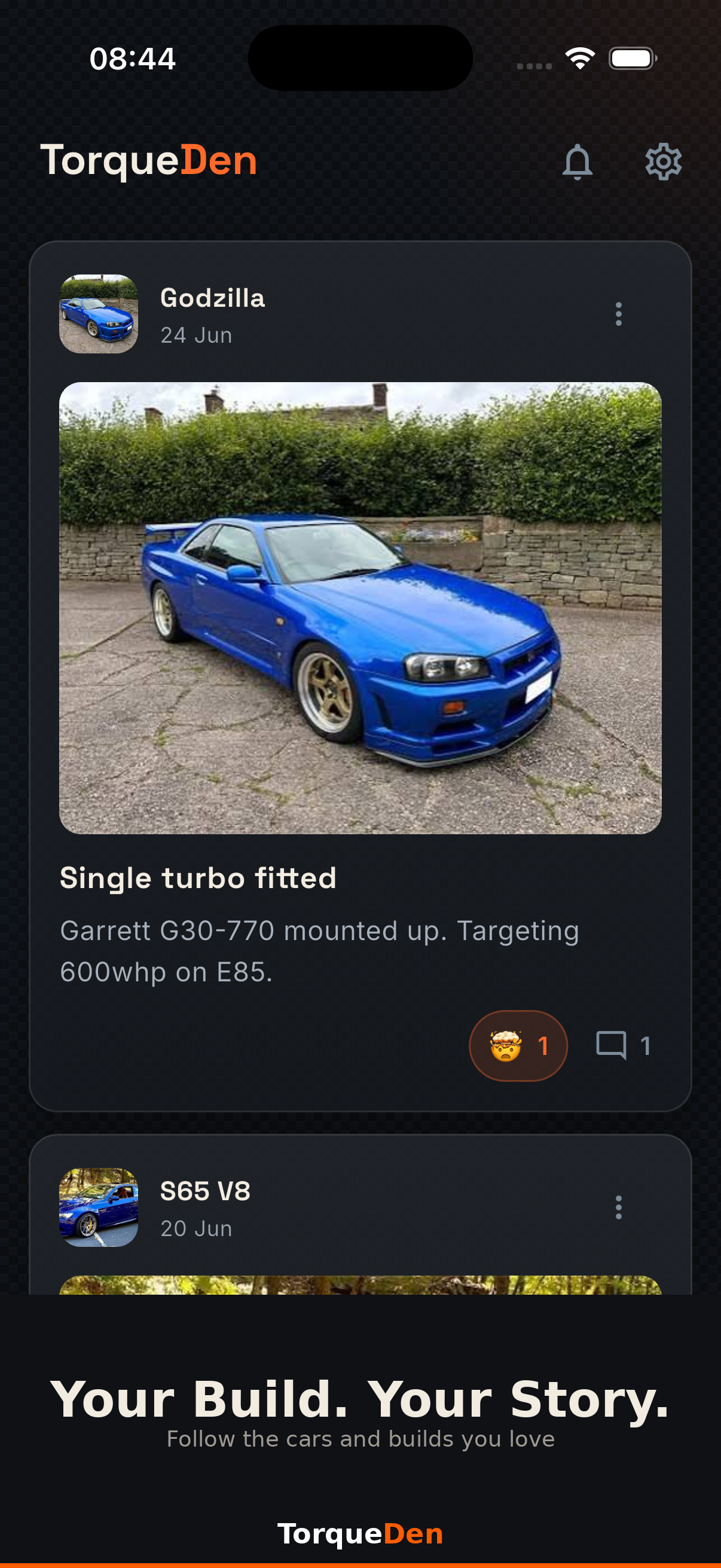 TorqueDen home feed showing car builds