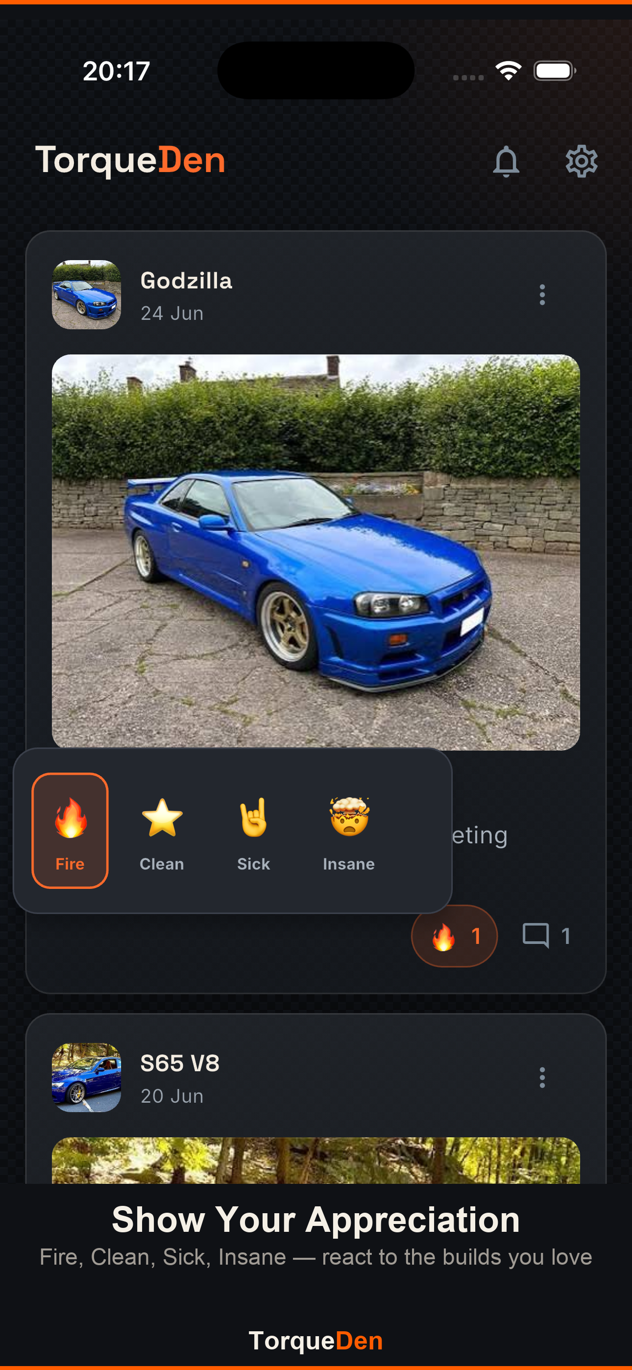 TorqueDen feed with emoji reactions