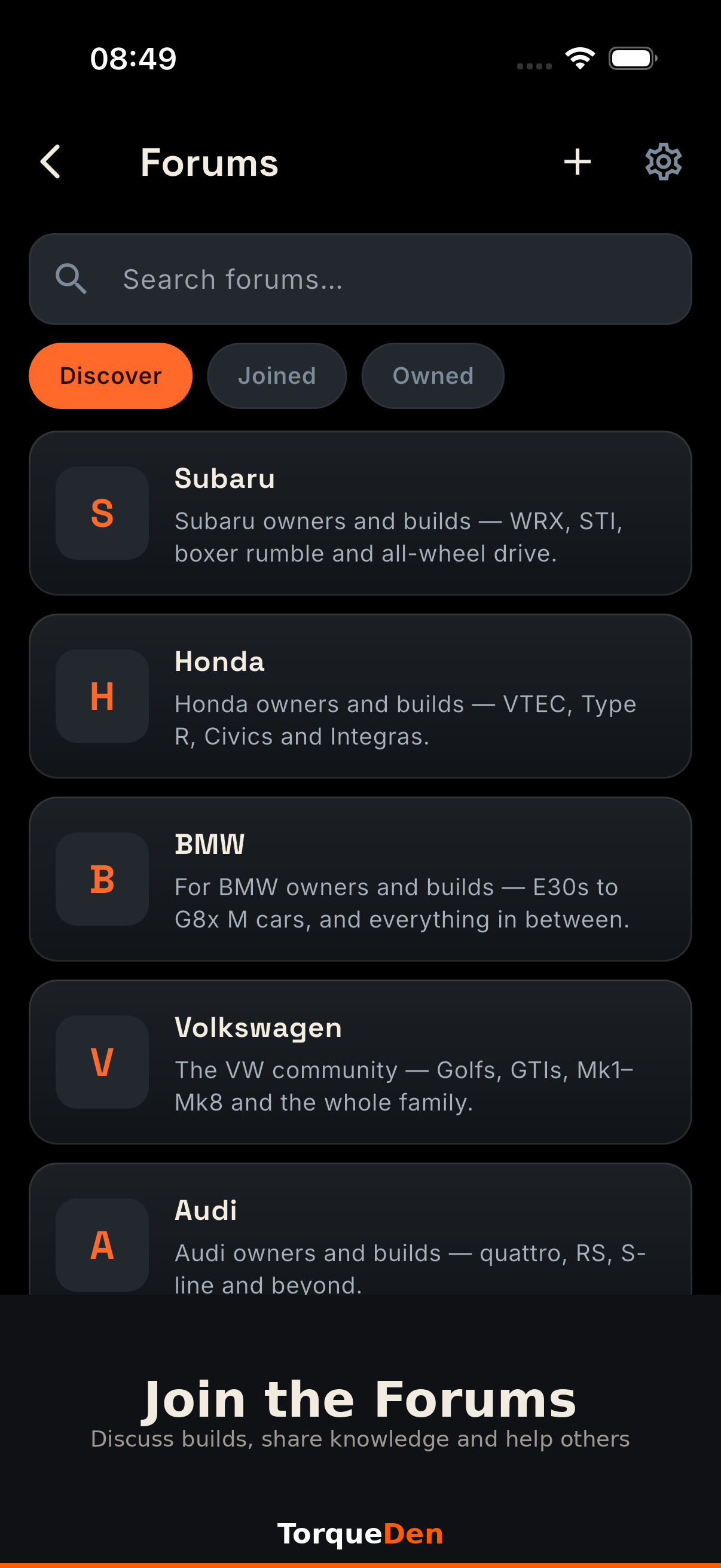 TorqueDen forums screen