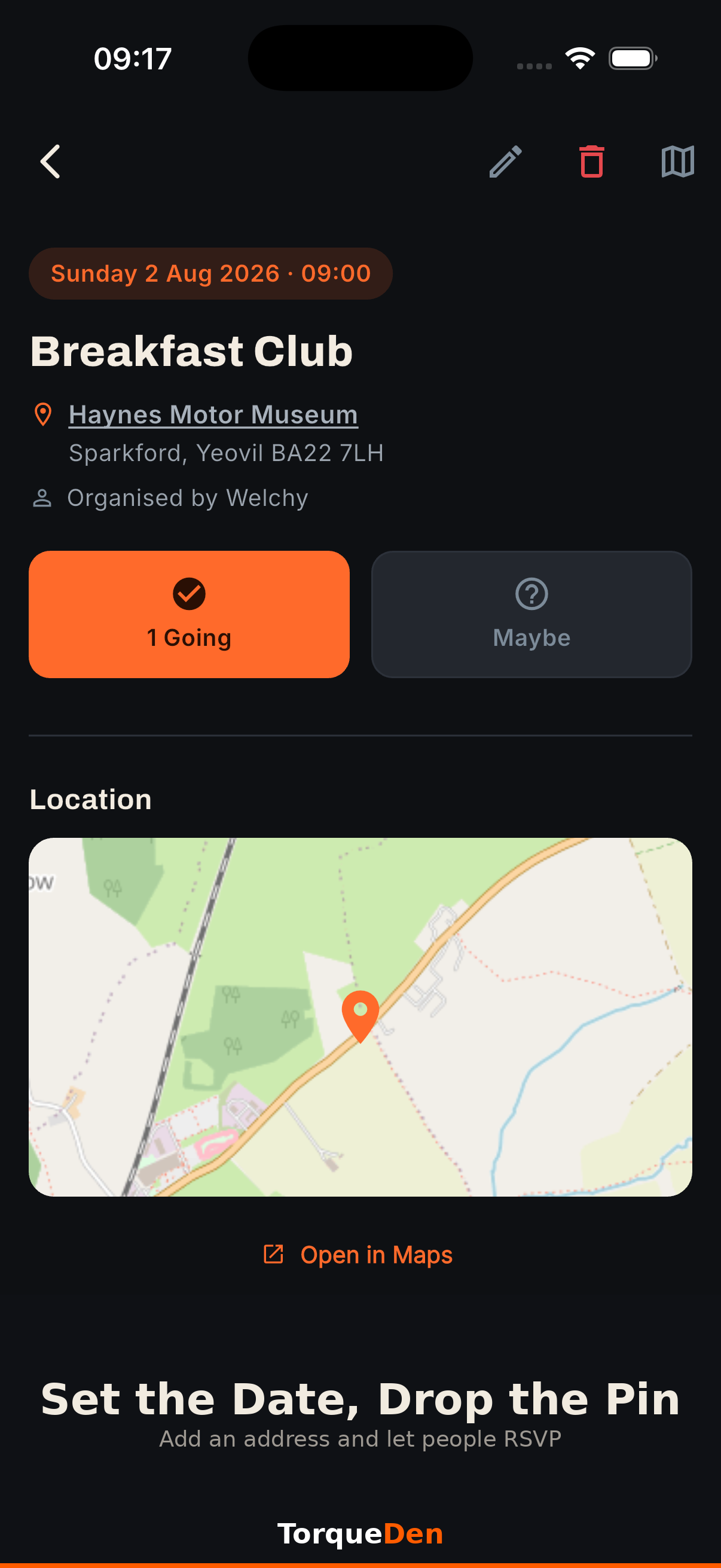 TorqueDen meet detail screen showing date, address, RSVPs and a location map