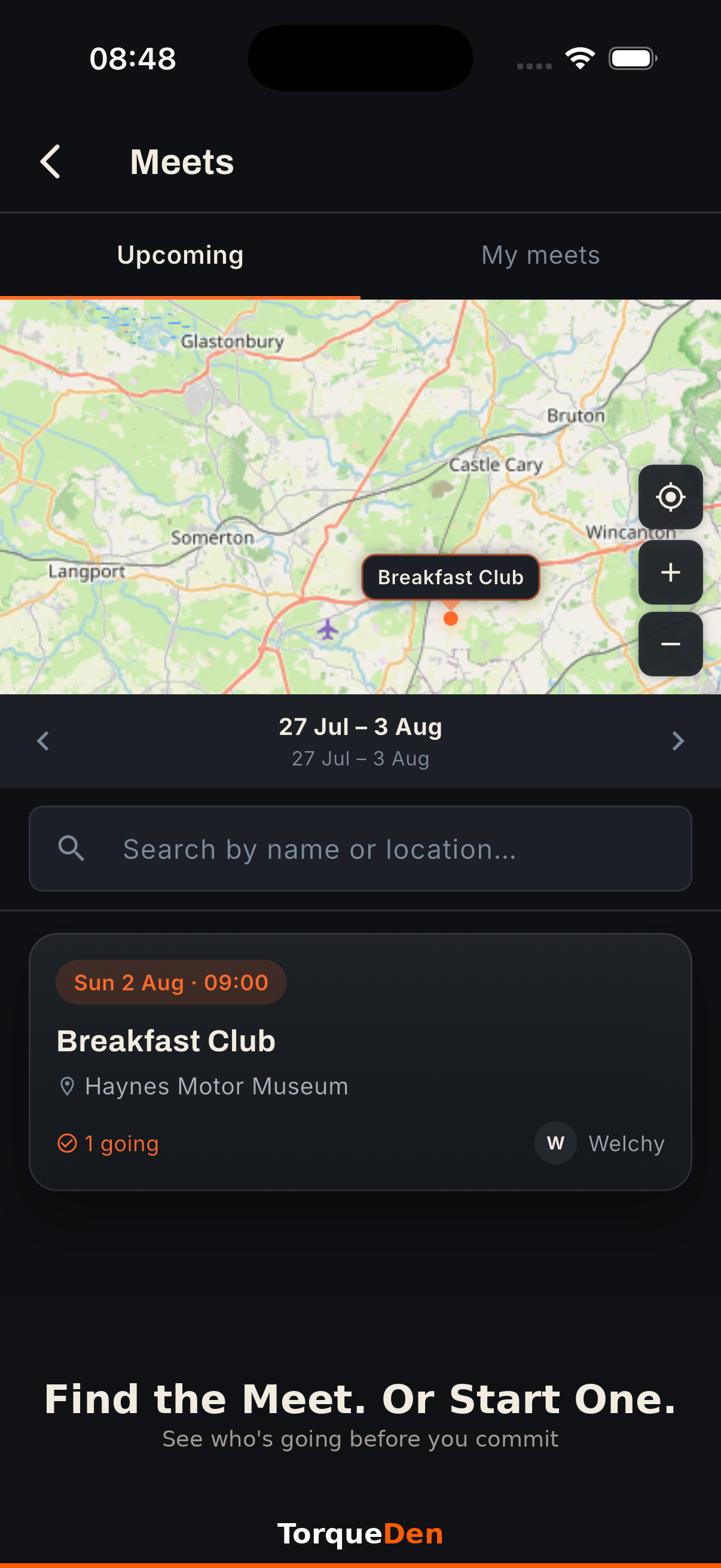 TorqueDen Meets screen showing a live map and weekly list of car meets